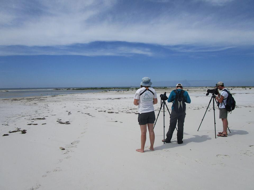 Three people on a white sand beach look through scopes and binoculars.