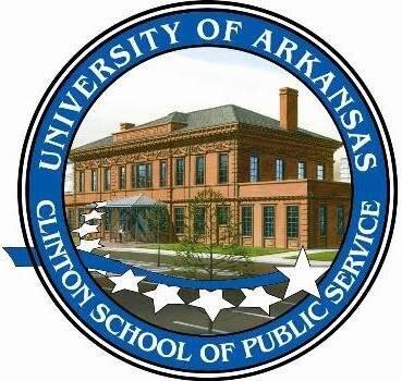 A seal with an illustration of a building and text that reads, University of Arkansas Clinton School of Public Service.