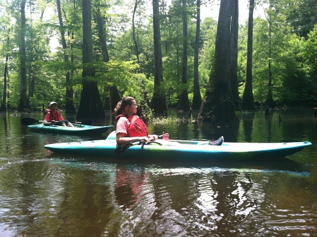 Two teenager paddle in kayaks on the Pascagoula River where large trees grow out of the water.