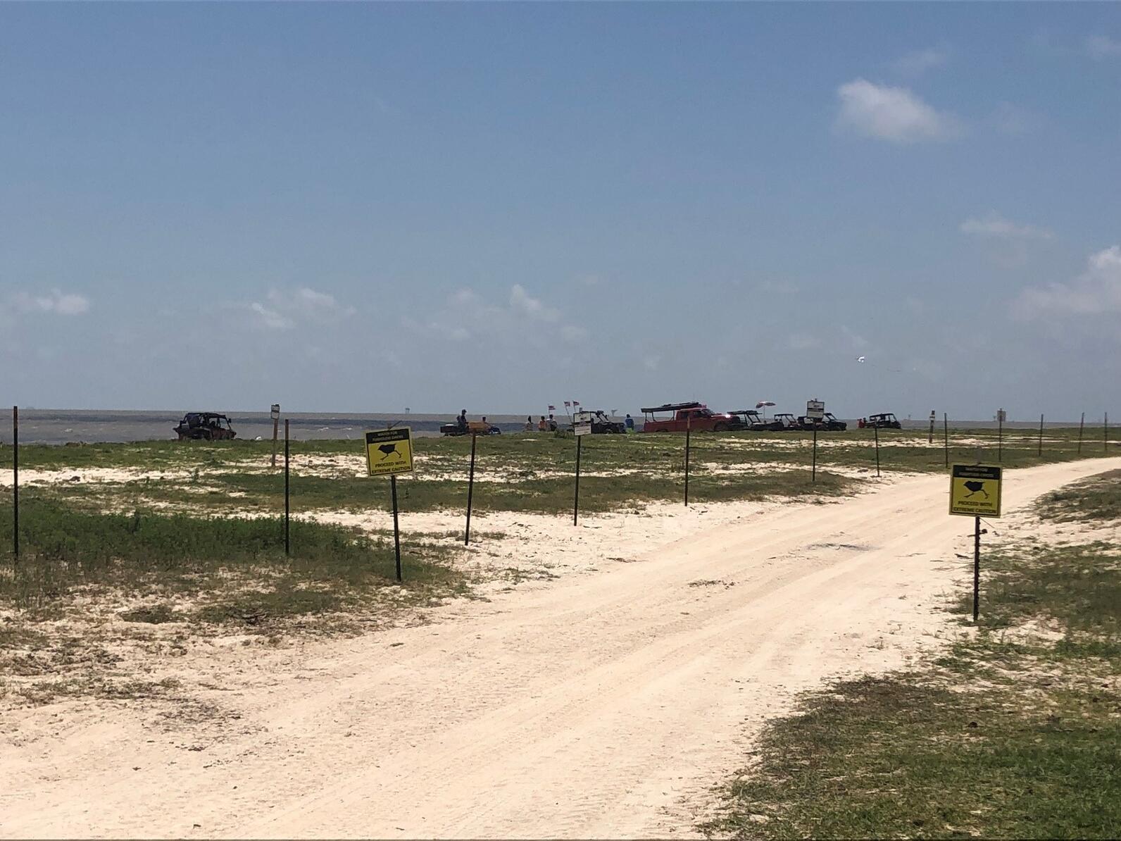 Beachgoers behind posted nesting signs at Rutherford Beach.