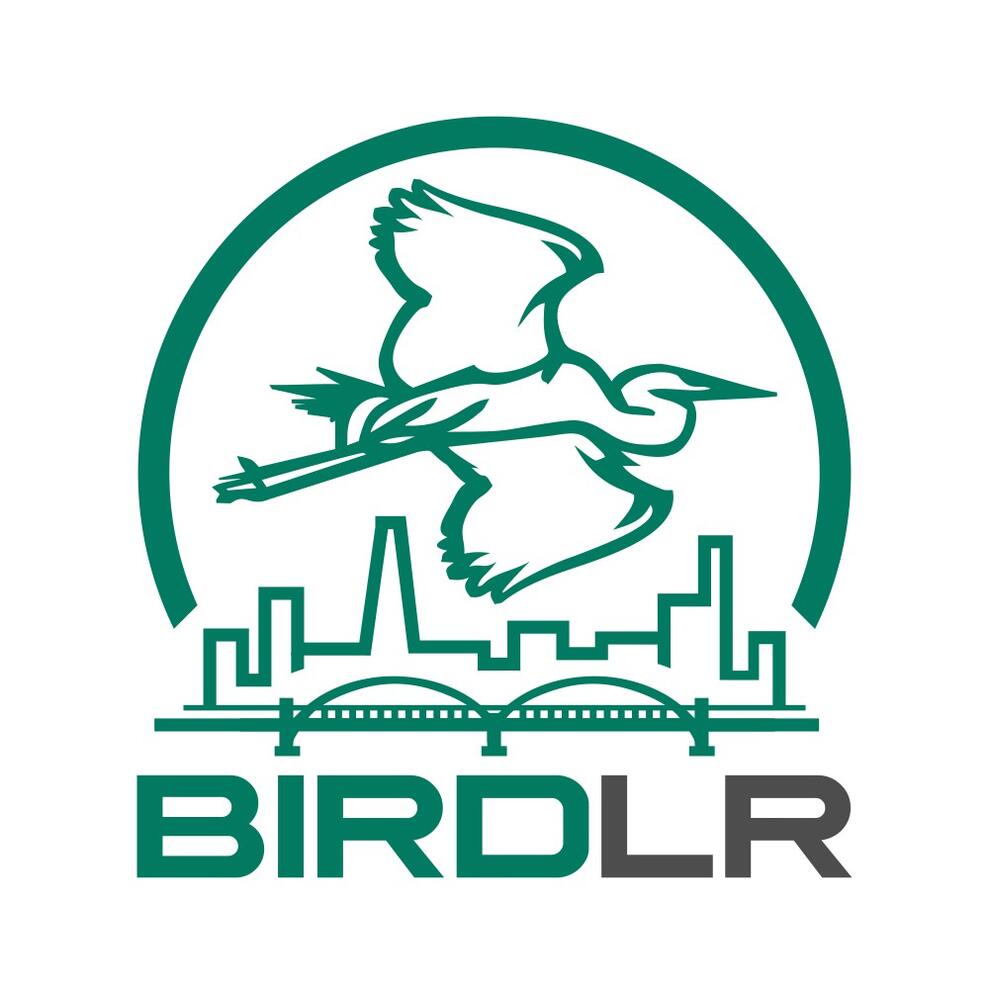 A logo with a bird flying over a city that reads BirdLR.